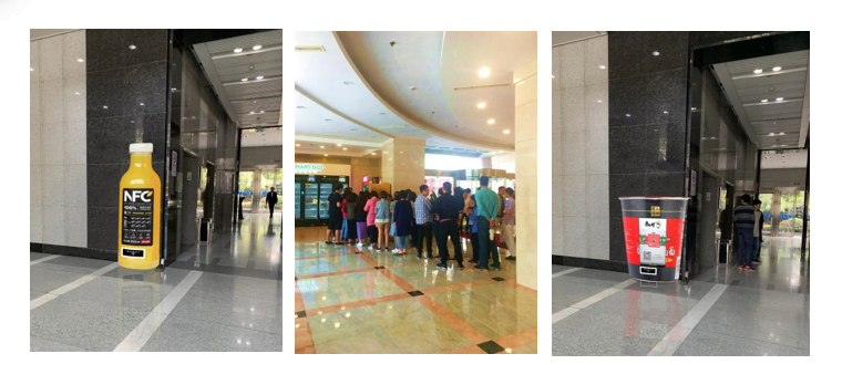 EMPOS deployed in office building often attract consumer to queue for free trail samples.